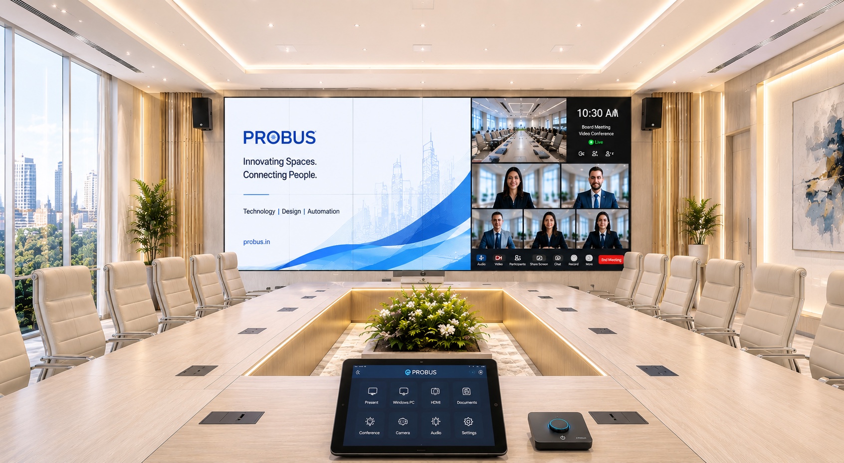Modern boardroom audio visual and collaboration setup